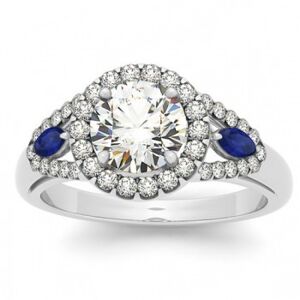 Allurez Diamond & Marquise Blue Sapphire Engagement Ring 14k White Gold (1.59ct)