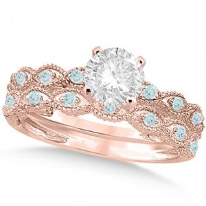 Allurez Vintage Diamond & Aquamarine Bridal Set 14k Rose Gold 0.95ct