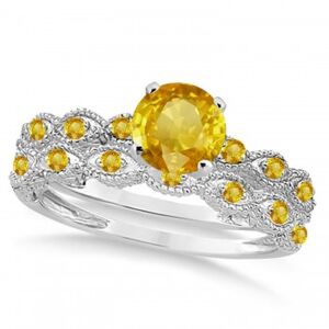 Allurez Vintage Yellow Sapphire Engagement Ring Bridal Set Palladium 1.36ct