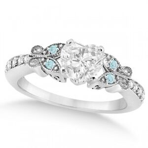 Allurez Heart Diamond & Aquamarine Butterfly Engagement Ring 14k W Gold 0.75ct