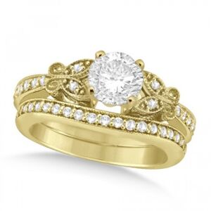 Allurez Round Diamond Butterfly Design Bridal Ring Set 18k Yellow Gold (1.21ct)