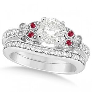 Allurez Round Diamond & Ruby Butterfly Bridal Set in 14k White Gold (1.71ct)