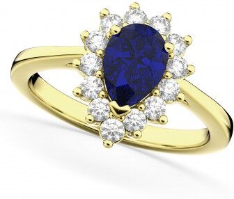 Allurez Halo Blue Sapphire & Diamond Floral Pear Shaped Fashion Ring 14k Yellow Gold (1.27ct)