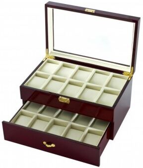 Allurez Two Tier 20 Watch Box Case in Cherrywood w/ Locking Lucite Display Top