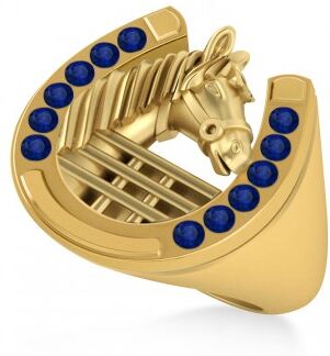 Allurez Men's Blue Sapphire Stallion & Horseshoe Fashion Ring 14k Yellow Gold (0.36 ctw)