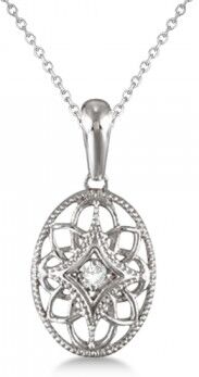 Allurez Vintage Style Oval Diamond Pendant Necklace Sterling Silver (0.03ct)