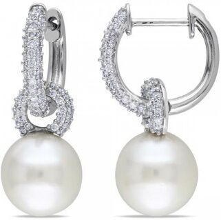 Allurez South Sea Pearl & Diamond Huggie Drop Earrings 14k. White Gold 9-9.5mm