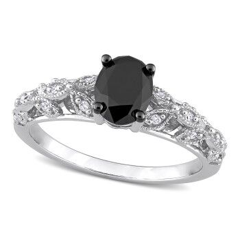 Allurez Oval Black and Round White Diamond Fashion Ring 14k W. Gold (1.03ct)