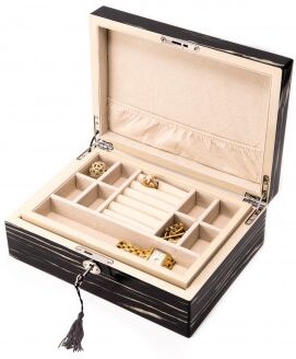 Allurez Lacquered Wood Jewelry Box with Valet Tray and Key Lock