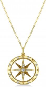 Allurez Compass Necklace Pendant Lab Grown Diamond Accented 14k Yellow Gold (0.19ct)