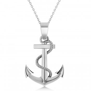 Allurez Men's Anchor Pendant Necklace Rope Design 14k White Gold