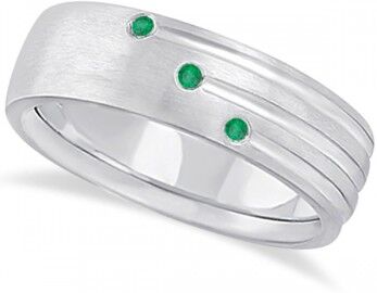 Allurez Mens Shooting Star Emerald Wedding Ring Band 14k White Gold (0.15ct)