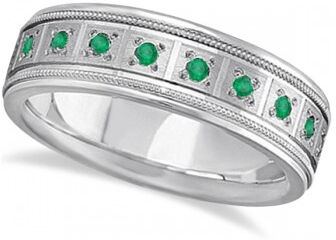 Allurez Emerald Ring for Men Wedding Band 14k White Gold (0.80ctw)