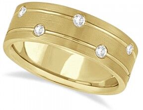 Allurez Mens Wide Band Diamond Wedding Ring w/ Grooves 14k Yellow Gold (0.40ct)