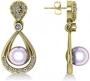 Allurez Pearl & Diamond Tear Drop Earrings 14k Yellow Gold (0.39ct)