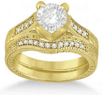 Allurez Antique Style Engagement Ring and Matching Wedding Band 18k Yellow Gold