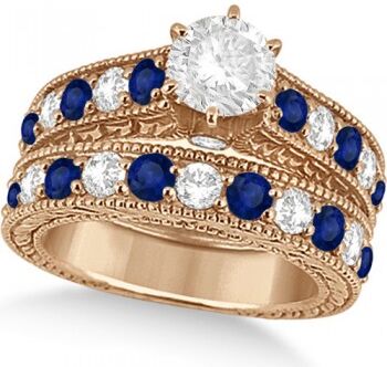 Allurez Antique Diamond & Blue Sapphire Bridal Ring Set 14k Rose Gold (3.87ct)