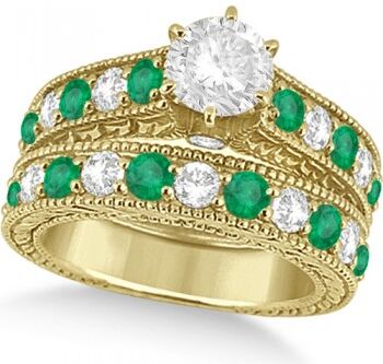 Allurez Antique Diamond and Emerald Bridal Ring Set 14k Yellow Gold (3.51ct)