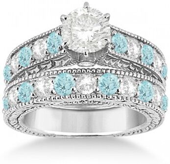 Allurez Antique Diamond & Aquamarine Bridal Wedding Ring Set 14k White Gold (2.75ct)