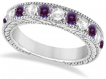 Allurez Antique Diamond & Lab Alexandrite Wedding Ring Band in Palladium (1.46ct)