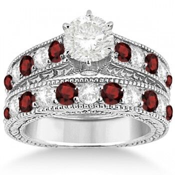 Allurez Antique Diamond & Garnet Bridal Wedding Ring Set 14k White Gold (2.75ct)