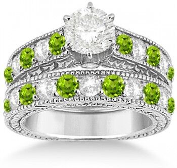 Allurez Antique Diamond & Peridot Bridal Wedding Ring Set in Palladium (2.75ct)