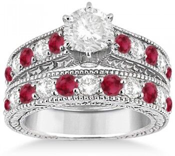 Allurez Antique Diamond & Ruby Bridal Wedding Ring Set in Palladium (2.75ct)