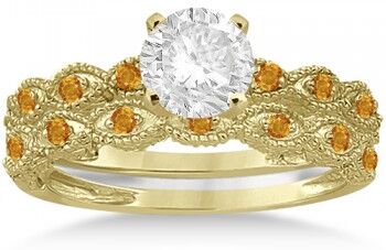 Allurez Antique Citrine Bridal Set Marquise Shape 14K Yellow Gold 0.36ct