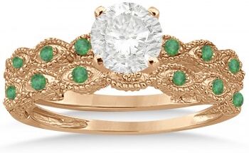 Allurez Antique Emerald Engagement Ring & Wedding Band 14k Rose Gold (0.36ct)