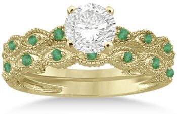 Allurez Antique Emerald Engagement Ring & Wedding Band 14k Yellow Gold (0.36ct)