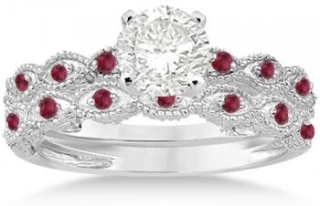 Allurez Antique Ruby Engagement Ring and Wedding Band 18k White Gold (0.36ct)