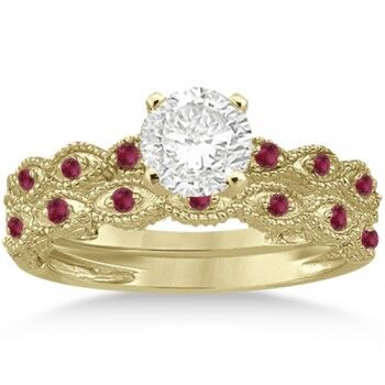 Allurez Antique Ruby Engagement Ring and Wedding Band 18k Yellow Gold (0.36ct)