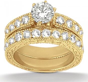 Allurez Antique Diamond Engagement Ring & Wedding Band 14k Yellow Gold (1.70ct)