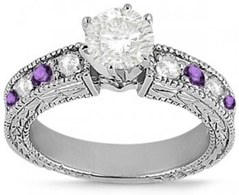 Allurez Antique Diamond & Amethyst Engagement Ring 14k White Gold (0.75ct)