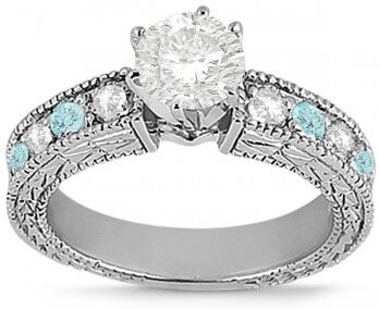 Allurez Antique Diamond & Aquamarine Engagement Ring 14k White Gold (0.75ct)