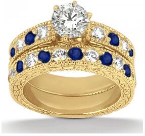 Allurez Antique Diamond & Blue Sapphire Bridal Set 14k Yellow Gold (1.80ct)