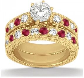 Allurez Antique Diamond & Ruby Bridal Set 14k Yellow Gold (1.80ct)