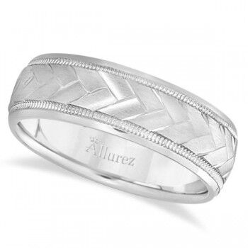 Allurez Braided Men's Wedding Ring Diamond Cut Band 14k White Gold (7 mm)
