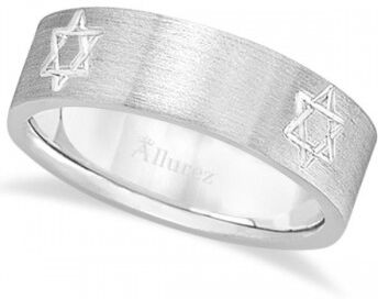 Allurez Jewish Star of David Mens Carved Wedding Ring Band 14k White Gold (7mm)