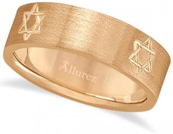 Allurez Jewish Star of David Mens Carved Wedding Ring Band 18k Rose Gold (7mm)