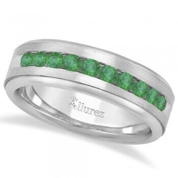 Allurez Men's Channel Set Emerald Ring Wedding Band 18k White Gold (0.25ct)