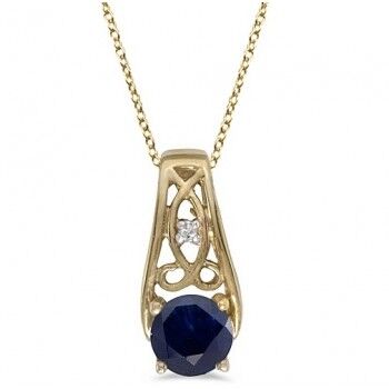 Allurez Antique Style Blue Sapphire & Diamond Pendant Necklace 14k Yellow Gold