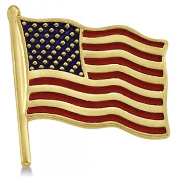Allurez USA American Flag Lapel Pin with Red & Blue Enamel 14K Yellow Gold