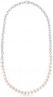 Allurez White Cultured Pearl String Rolo Link Necklace 14k White Gold