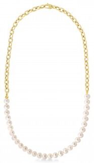 Allurez White Cultured Pearl String Rolo Link Necklace 14k Yellow Gold