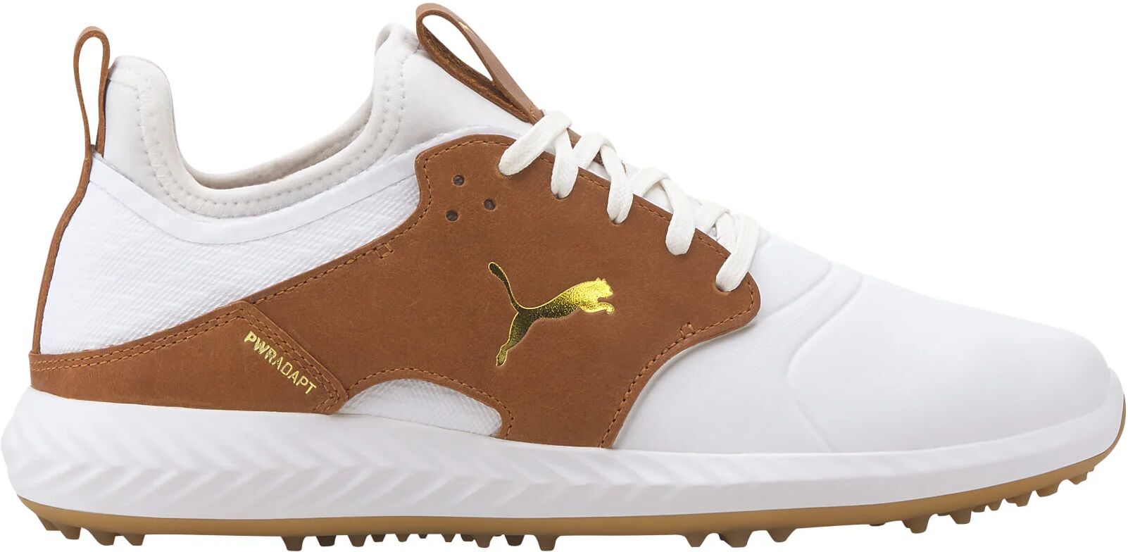 Puma IGNITE PWRADAPT Caged Crafted Golf Shoes - White/Brown/Gold - 7.5 - MEDIUM