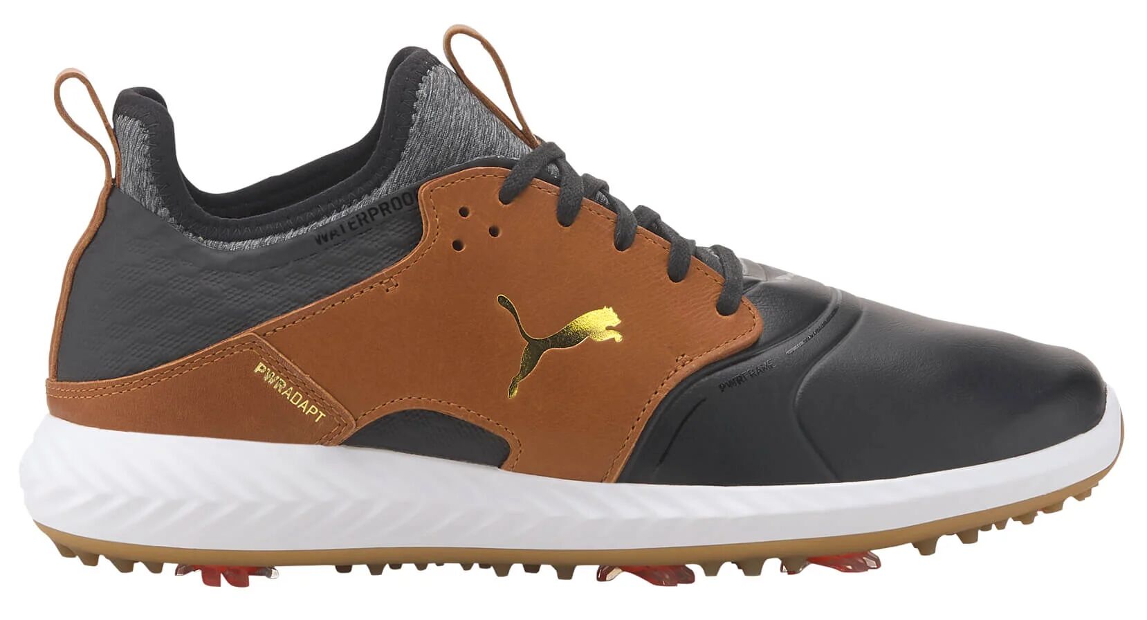 Puma Men's Ignite Pwradapt Caged Crafted Golf Shoes in Black/Brown/Gold, Size 11.5