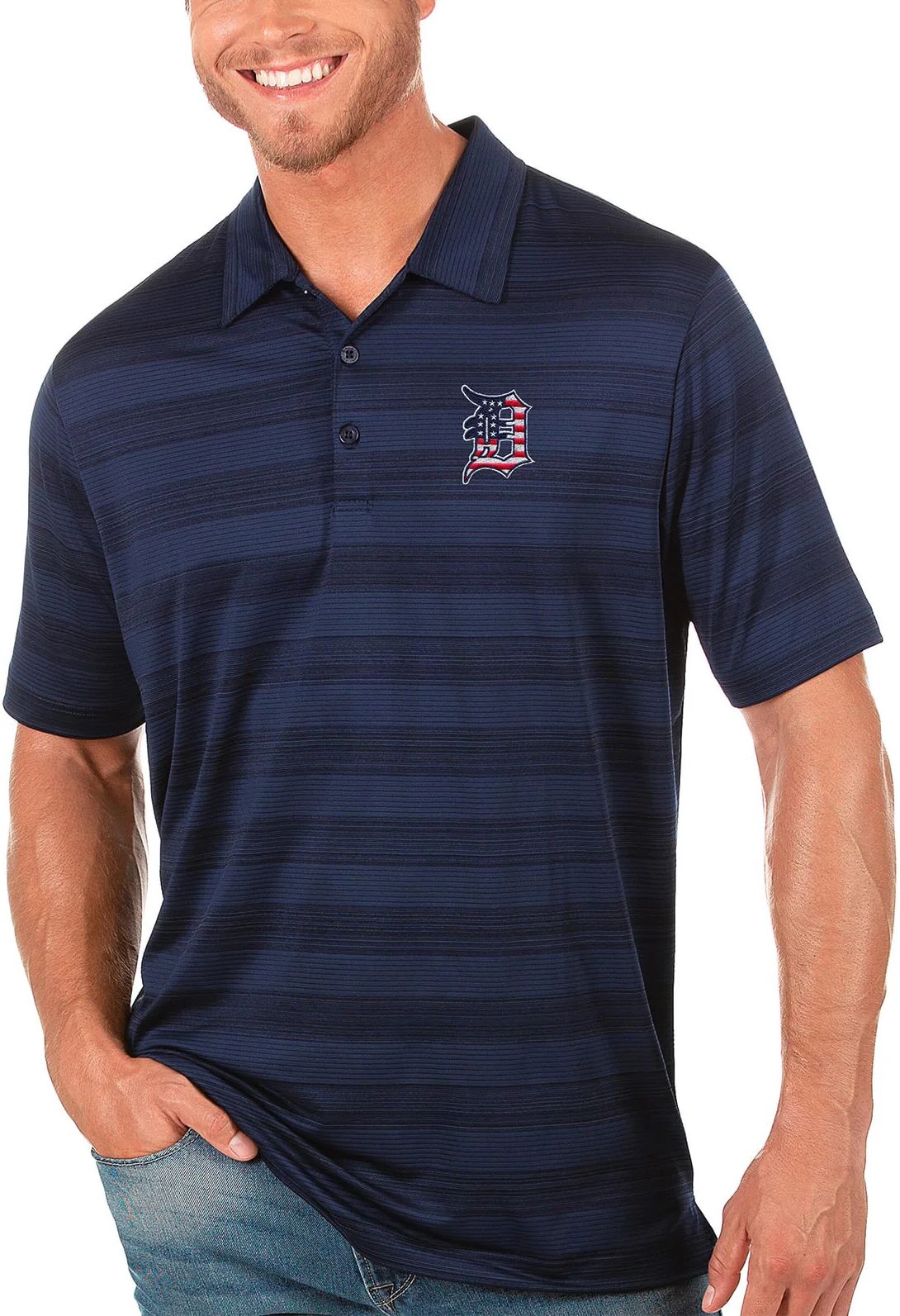 Antigua Detroit Tigers Compass Patriotic Men's Golf Polo - Blue, Size: Small