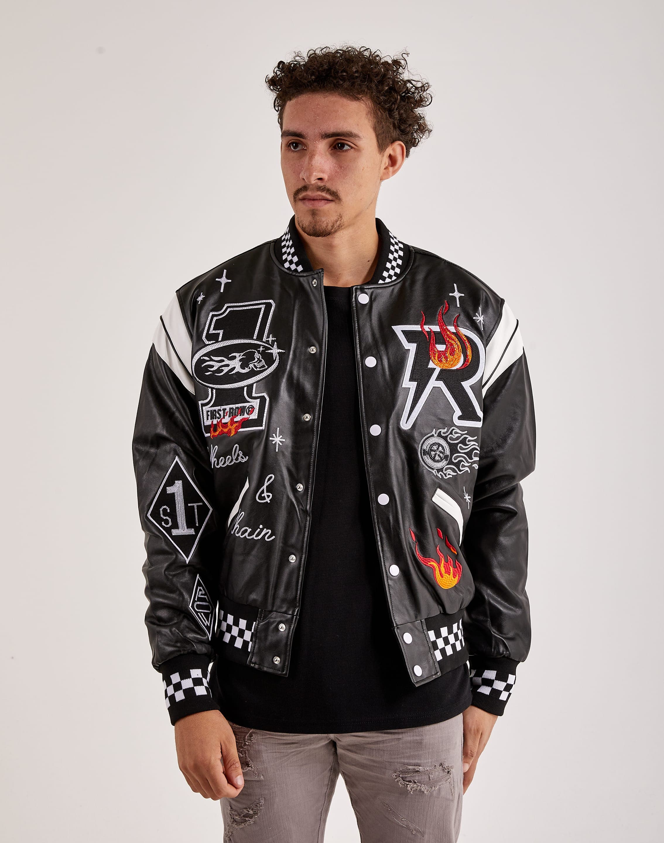 First Row Leather Racing Jacket  - Black - Size: SM