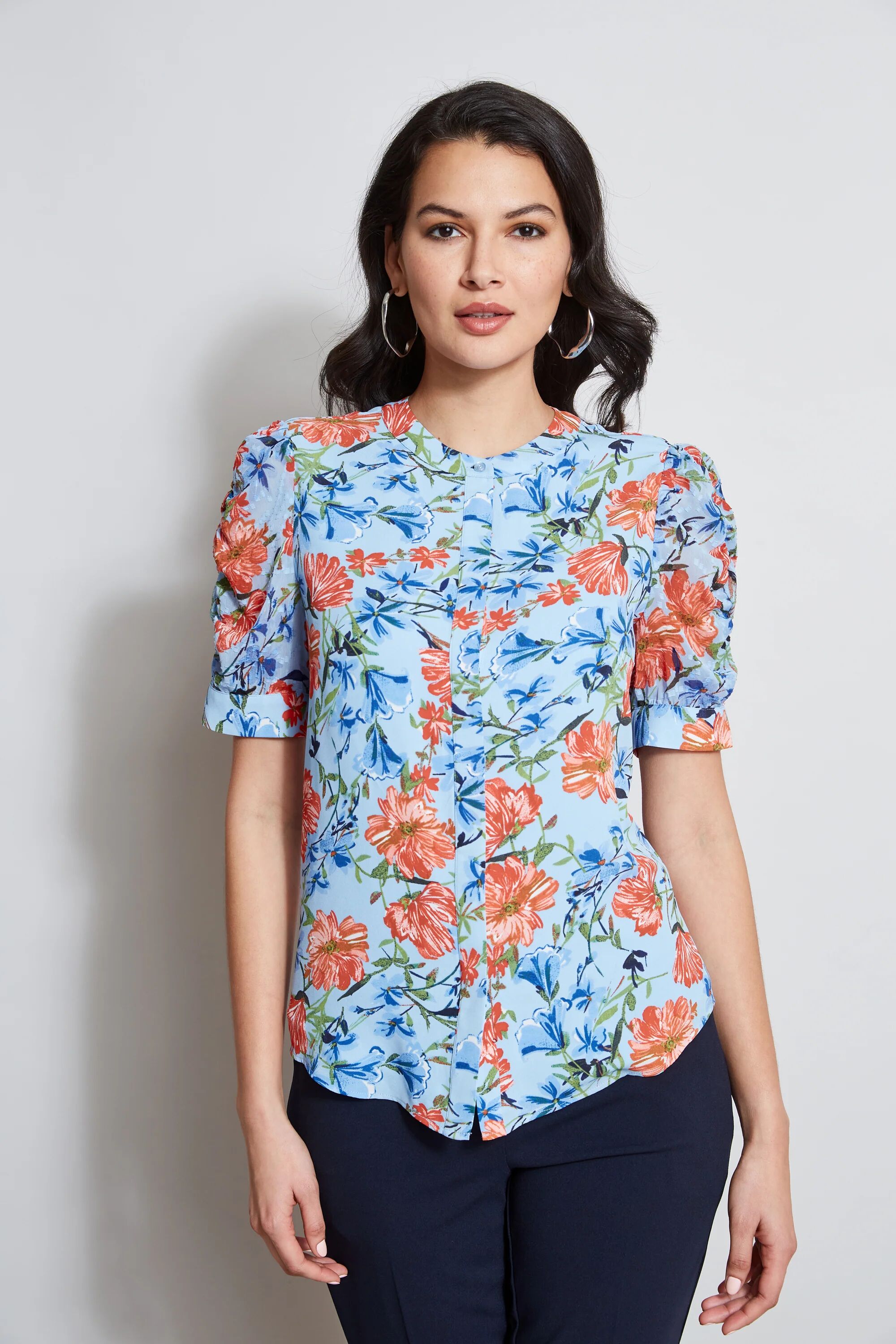 T-Tahari Garden Floral Puff Sleeve Shirt - Female